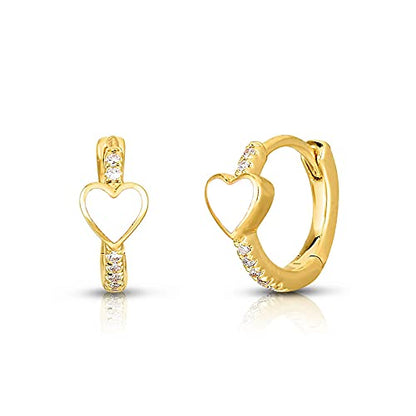 Enamel Heart Huggie Hoop Earrings with Cubic Zirconia Silver Small Hinged Hoops for Women - color: Heart White Enamel