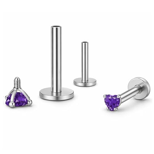 Titanium Heart CZ Labret Stud Earrings for Piercings by Ginger Lyne 6Pc Set G23 Screw Front Flat Back Body Jewelry 2 pair post 6mm, 8mm Cartilage, Helix, Tragus, Lip, Conch, Lobe - color: 3mm-DKPurple