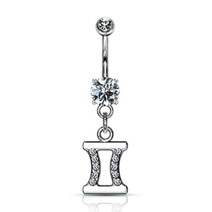 Forbidden Body Jewelry Surgical Steel CZ Jeweled Zodiac Sign Dangle Belly Button Ring - style: Gemini