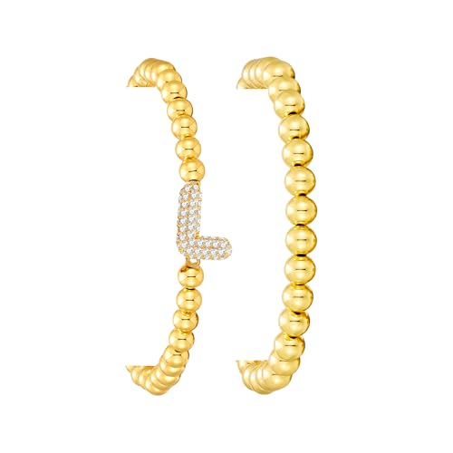 Initial Stack Bracelet Set for Women Trendy 14K Gold Plated Beaded Stackable Stacking Stretch Name Bracelets Dainty Friendship Waterproof Charm Cute Birthday Jewelry Gifts for Women - color: Initial L