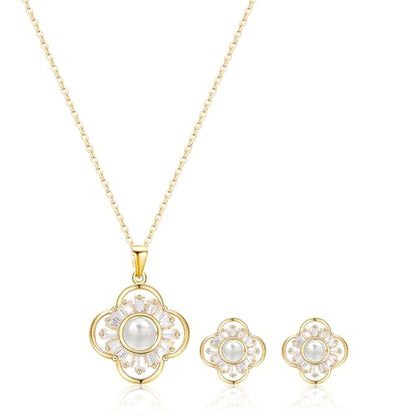14K Gold Plated | 14K Platinum Plated Necklace for Women Necklace Earrings Set with Sparkling Zircon Inlay and Silver Post Earrings - color: Pearl flower gold suit