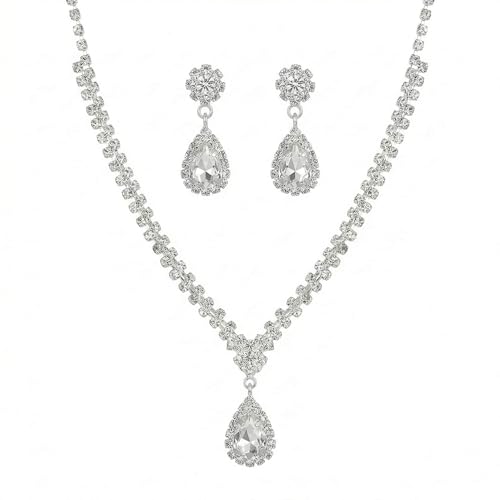 Wedding Jewelry Sets for Brides Rhinestone Necklace and Earring Set Bracelet Ring Gold Silver Prom Jewelry Sets Diamond Flower Teardrop Necklace for Women - color: Style4-Teardrop-2pcs