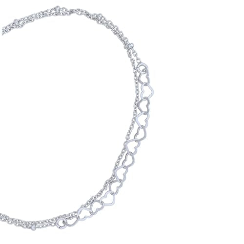 Vanbelle Genuine Sterling Silver Jewelry - Rhodium Plated with 925 Stamp - Interlinked Hearts Charm Bracelet - Handcrafted with Multi Chain for Women - 6.5" long + 1" extender
