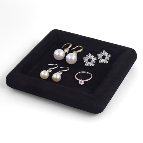 Black Velvet Jewelry Display Tray, Luxury Velvet Ring Holder Showcase for Necklaces Earrings, Jewelry Store Display and Ecommerce Photography Prop, 4.72x4.72 Inches (Black)