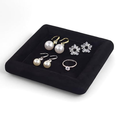 Black Velvet Jewelry Display Tray, Luxury Velvet Ring Holder Showcase for Necklaces Earrings, Jewelry Store Display and Ecommerce Photography Prop, 4.72x4.72 Inches (Black)