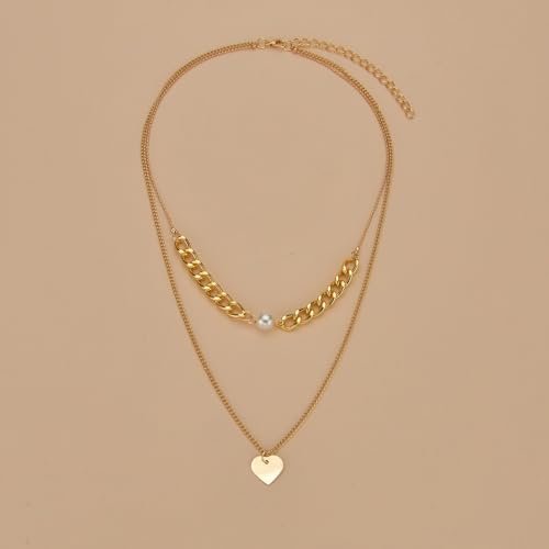 Cross Necklace 14K Gold Plated Double-Layer Heart Pendant Pearl Brightly Jewelry - style: 14K Gold 2-Layered Pearl+Heart