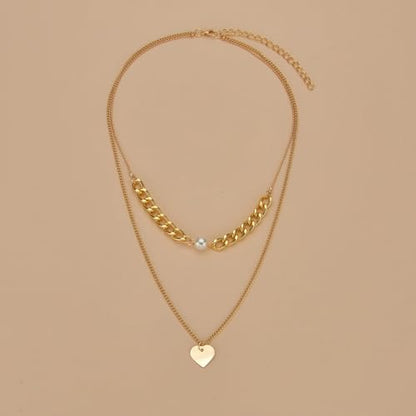 Cross Necklace 14K Gold Plated Double-Layer Heart Pendant Pearl Brightly Jewelry - style: 14K Gold 2-Layered Pearl+Heart
