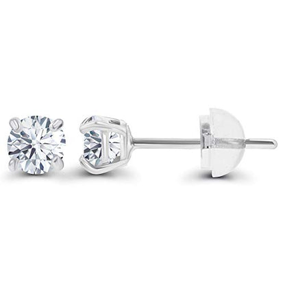 Solid 14K Gold 3mm Round Prong Set Hypoallergenic Genuine Petite Birthstone Stud Earrings - color: Created-White-Sapphire