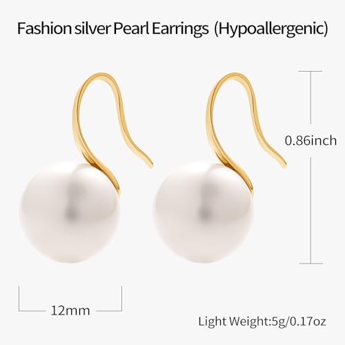 Pearl Drop Earrings for Women | S925 Sterling Silver-plated Hook Dangle Earrings, Lightweight Hypoallergenic Classic Round Pearl Jewelry Gift - color: Gold Hook-White Pearl, size: 12mm