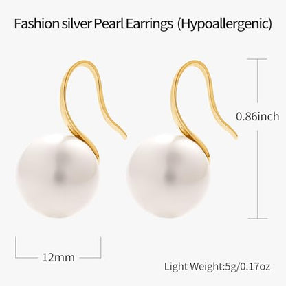 Pearl Drop Earrings for Women | S925 Sterling Silver-plated Hook Dangle Earrings, Lightweight Hypoallergenic Classic Round Pearl Jewelry Gift - color: Gold Hook-White Pearl, size: 12mm