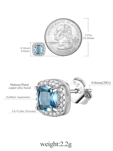 FindChic Birthstone Earrings for Women, Round/Heart/Square/Teardrop Earrings with 925 Sterling Silver Posts & Push Backs, Hypoallergenic Studs with Cubic Zirconia, 12 Months Jewelry with Gift Box - style: 03. March-Aquamarine (Square)