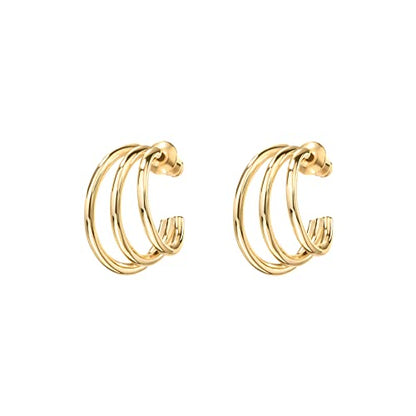 PAVOI 14K Gold Plated Multi Huggie Hoop Earrings for Women - 925 Sterling Silver Posts Triple Split Hoop Gold Earrings for Women - Trendy Fashion Jewelry - style: Triple