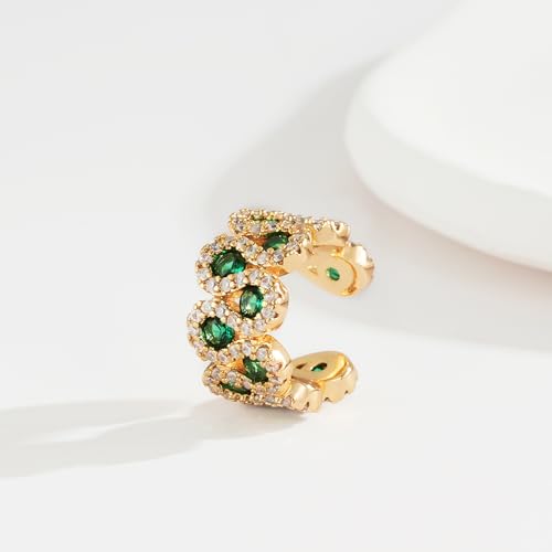 Gold Ear Cuff Earring for Women 14K Gold Plated Cubic Zirconia Non-Pierced Clip on Cartilage Chunky Ear Cuffs Hypoallergenic Jewelry - style: green cz