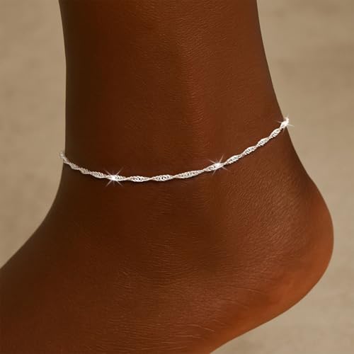 Moodear Ankle Bracelets for Women 14K Silver Plated Layered Chain Anklets | Waterproof Non Tarnish Adjustable Double Layer Anklet with Satellite Bead Chain Design for Summer Beach Jewelry Gift - color: silver-1