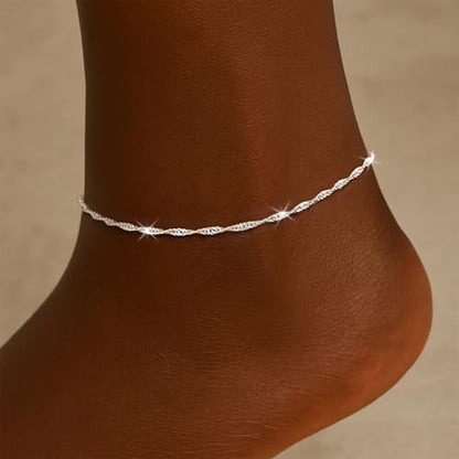 Moodear Ankle Bracelets for Women 14K Silver Plated Layered Chain Anklets | Waterproof Non Tarnish Adjustable Double Layer Anklet with Satellite Bead Chain Design for Summer Beach Jewelry Gift - color: silver-1