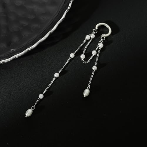 Heart Pearl Hoop Earrings Sliver Long Tassel Chain Huggie Hoop Earrings Pearl Beaded Drop Earring for Women Wedding Jewelry - color: pearl