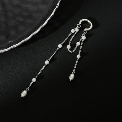 Heart Pearl Hoop Earrings Sliver Long Tassel Chain Huggie Hoop Earrings Pearl Beaded Drop Earring for Women Wedding Jewelry - color: pearl