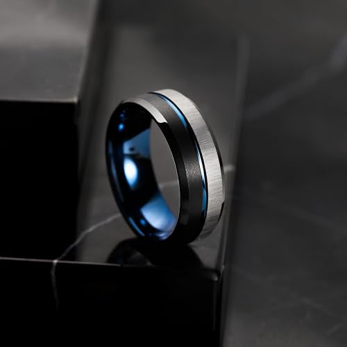 King Will Mens Tungsten Carbide Wedding Band with Groove Design | 6/7/8mm Width, Grooved, Comfort Fit, Everyday Wear - color: Silve&Black&Blue-8mm
