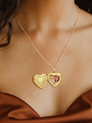 FindChic Locket Necklace for Women Custom Photo Memorial Gifts 4 Colors | Silver/Black/Rose Gold/Gold Plated Personalized for Loved Ones, Birthday Valentine's Day Keepsake - style: 13. Heart Pattern (DIY)-Gold