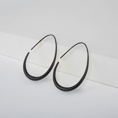 Lightweight Teardrop Hoop Earrings for Women - 14k Gold/White Gold Plated Large Oval Pull Through Hoop Earrings High Polished Statement Jewelry Gift for Women - color: D - Black