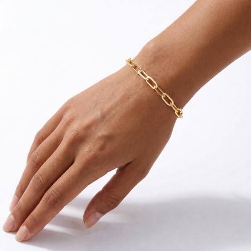Gold Bracelet for Women, 18K Gold Plated 925 Sterling Silver Paperclip Chain Bracelet, 5MM Width, Gift for Women 6-7.5 Inches - color: 7 IN