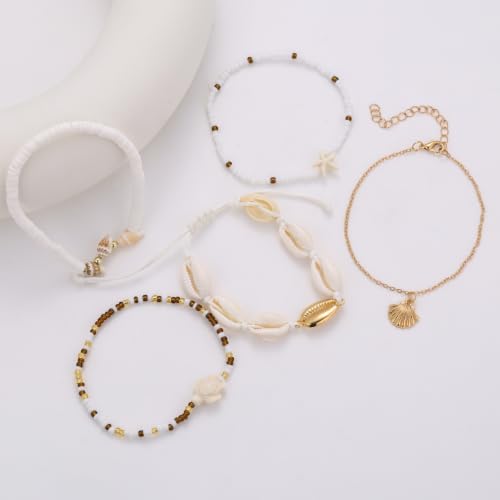 Beaded Anklet Bracelets For Women Waterproof Gold Anklets Jewelry Set Stack | non tarnish free pearl puka seashell beach boho stretchy anklet for summer dainty and tewiky gold plated - color: Golden Shell