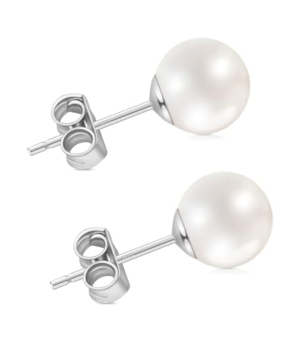 Pearl Earrings for Women, Hypoallergenic 925 Silver Post Studs | Shell Pearl Stud Earrings, Nickel-Free, 18K Yellow-Gold Plated Sterling Silver for Birthday Anniversary Wedding Daily Wear - color: Silver, size: 7mm