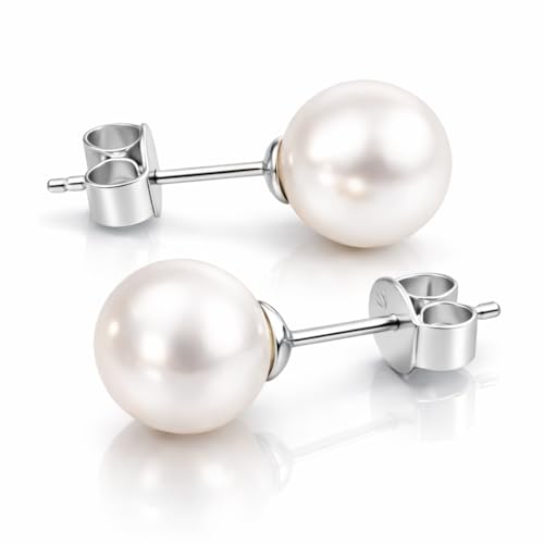 AAA+ Real Freshwater Pearl Stud Earrings, Sterling Silver Hypoallergenic | Hand-Matched White Round Pearls, 925 Silver Posts & Backs, Smooth High-Luster Surface, Soule Pearl Gift Box - color: Rhodium Plated, size: 7.0-7.5mm