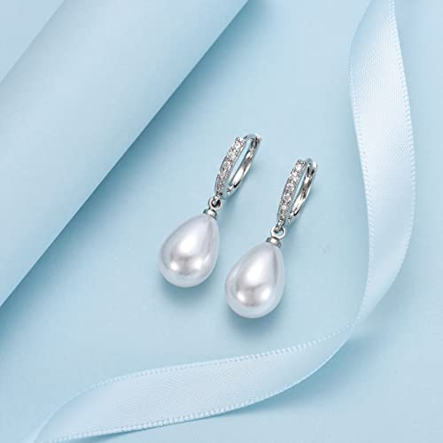 CERSLIMO Pearl Drop Earrings for Women | S925 Sterling Silver Post Simulated Shell Pearl Hoop Dangle Earrings, Hypoallergenic Cubic Zirconia Huggies Earrings Bridesmaid Jewelry - style: 02 Silver-Teardrop