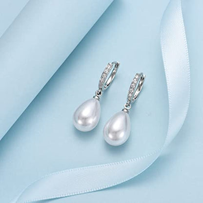 CERSLIMO Pearl Drop Earrings for Women | S925 Sterling Silver Post Simulated Shell Pearl Hoop Dangle Earrings, Hypoallergenic Cubic Zirconia Huggies Earrings Bridesmaid Jewelry - style: 02 Silver-Teardrop