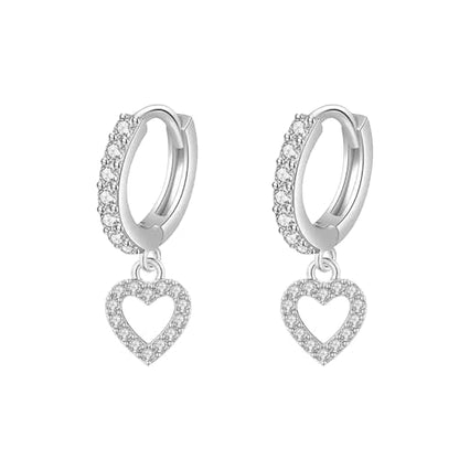 CZ Heart Small Sleeper Hoop Earrings for Women 925 Sterling Silver Crystal With Charms Cute Love Hearted Dangle Drop Earring Cartilage Cuffs Studs Delicate Valentine's Day Jewelry Gifts Hypoallergenic Huggie