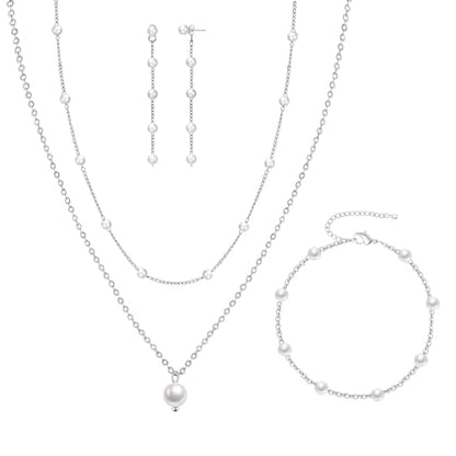 DIBOLA Gold Jewelry Set for Women, Dainty Layered 14K Gold/Silver Pearl Choker Necklaces and Earring Set Pearl Earrings Bracelets Wedding Bride Jewelry - color: long pearl earrings jewelry set-silver
