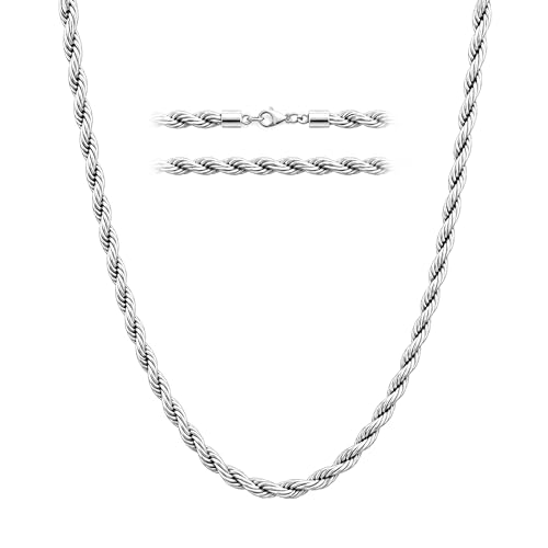Rope Chain Necklace for Men Women, 316L Stainless Steel Twist Link Chain for Men, Gold Silver Black Tone, Hypoallergenic Waterproof Jewelry Gift for Him Her 3mm 4mm 5mm, 16/18/20/22/24/26 Inch - color: Silver-5mm, size: 18