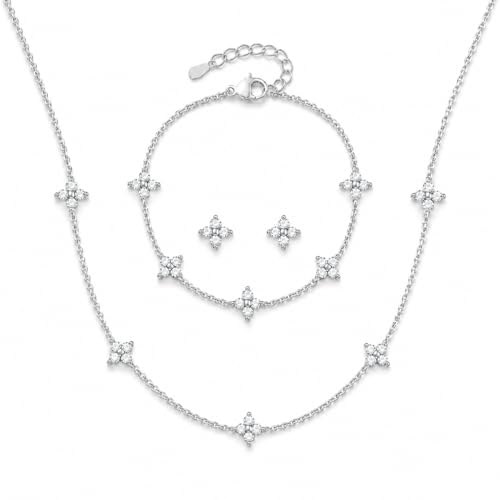 KSF CZ Clover Jewelry Set for Women Necklace Bracelet Earrings Birthday Gift - color: Silver-Clover