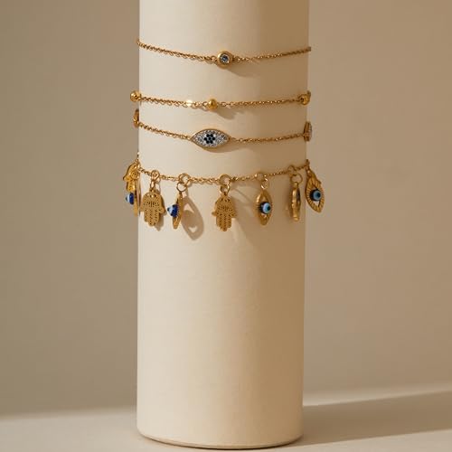 LOFITOR Anklets for Women Ankle Bracelet Charm Link Chain Set Foot | Waterproof Dainty Cz Evil Eye Beaded Anklets Adjustable Beach Foot Jewelry Feet Chains, Summer Beach Foot Jewelry Gifts - style: Evil-eye Gold