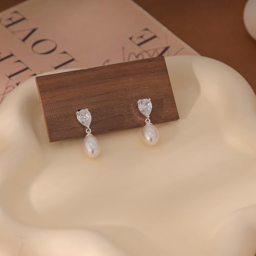 Gold Earrings for Women Trendy, Dainty Dangle Earrings 14K Gold Plated Drop Earrings Cute Wedding Earrings Fashion Prom Bridal Jewelry Gifts - color: Silver LX Pearl