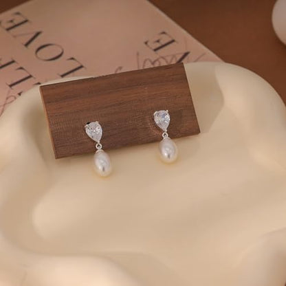 Gold Earrings for Women Trendy, Dainty Dangle Earrings 14K Gold Plated Drop Earrings Cute Wedding Earrings Fashion Prom Bridal Jewelry Gifts - color: Silver LX Pearl
