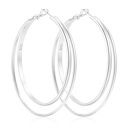 LOUMILEO 14k Gold Plated 925 Sterling Silver Post Double Hoop Earrings Hypoallergenic Lightweight Thin Large Hoop Earrings for Women 25/30/40/50/60mm - color: Silver-50mm
