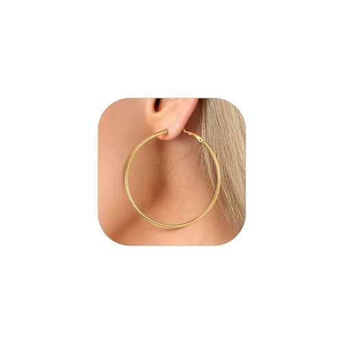 FaithHeart 2mm Thin Hoop Earrings for Women Hypoallergenic, Silver/Black/14K Gold Plated Stainless Steel Large Hoop Earrings for Women Lightweight Earring Trendy Jewelry, 20mm-100mm - color: Gold, size: 60mm/2.36"