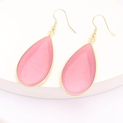 BaubleStar Natural Crystal Healing Stone Earrings Statement Teardrop Dangle Earrings for Women - color: Light RosePink