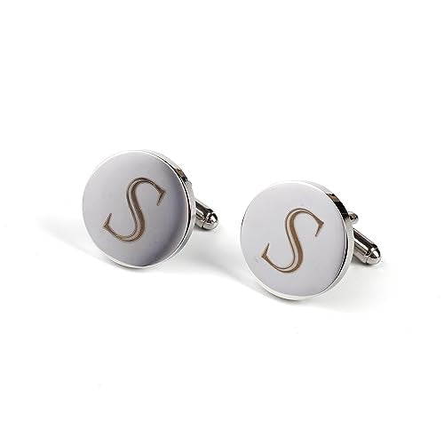 Mens Initial Silver Cufflinks A-Z Alphabet Letter Steel Cuff Links with Engraved Walnut Wood Box Groom Groomsman Wedding Set… - style: S