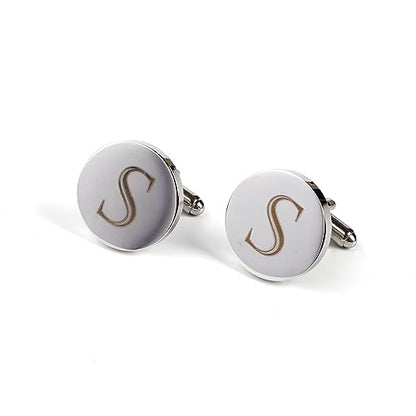 Mens Initial Silver Cufflinks A-Z Alphabet Letter Steel Cuff Links with Engraved Walnut Wood Box Groom Groomsman Wedding Set… - style: S