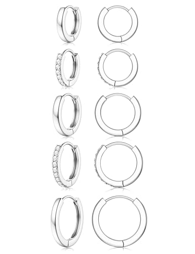 Jstyle Small Gold Hoop Earrings for Women, CZ/Plain Hoops Earring Stacks | Hypoallergenic Earing Hoops for Sensitive Ears, Secure Clasps, Huggie Earrings Stack Set for Cartilage, 14K Gold/Silver/Black - color: Silver Tone