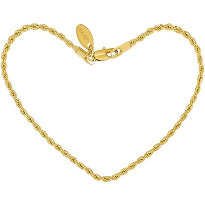 LIFETIME JEWELRY Gold Anklets for Women - 2mm Rope Chain Ankle Bracelet - 24k Real Gold Plated, Made in USA Since 1987 with Lifetime Replacement - color: Gold, size: 9 inches