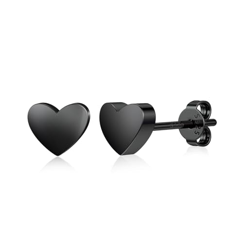JIAYIQI Minimalist 925 Sterling Silver Stud Earrings Set, 14K Gold Plated Hypoallergenic Tiny Bar Dot Heart Star Studs for Women & Men - style: Black-Heart-1Pair
