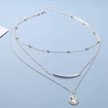 Boho Layered Opal Moonstone Necklace Choker Silver Carved Bar Necklace Tube Necklace Vintage Multi Layer Necklace Chain Jewelry for Women