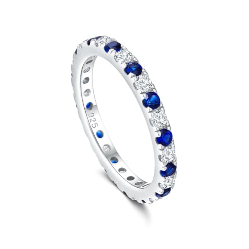 Full Eternity Band 2.4mm Wide Sterling Silver or Gold Color Stackable Birthstone and CZ Anniversary Bands Wedding Ring for Men Women, Comfort fit and Hypoallergenic - color: sapphire & cz