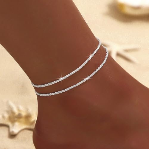 Sora Tuki Ankle Bracelets for Women Tennis Rhinestone Anklets for Women Butterfly Heart Star Cross Anklet Bracelet for Women Plus Size Anklet Bracelets for Big Ankle Beach Foot Jewelry - style: 1 - layered simple chain