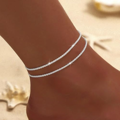 Sora Tuki Ankle Bracelets for Women Tennis Rhinestone Anklets for Women Butterfly Heart Star Cross Anklet Bracelet for Women Plus Size Anklet Bracelets for Big Ankle Beach Foot Jewelry - style: 1 - layered simple chain