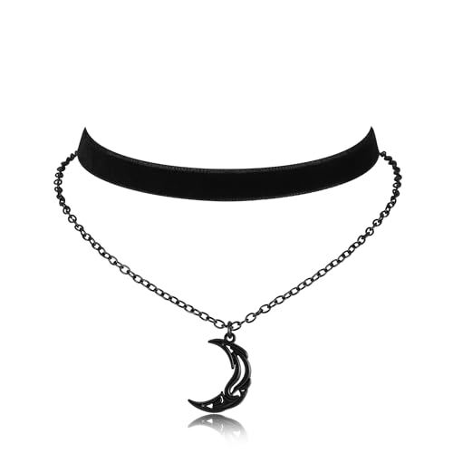 Gothic Layered Necklace, Black Velvet Choker with Dark Pendant | Soft Velvet Choker, Black Pendant, Layered Chain, Dark Academia Aesthetic, Alt Fashin Jewelry, Goth Gift for Women - style: Black Crescent Moon
